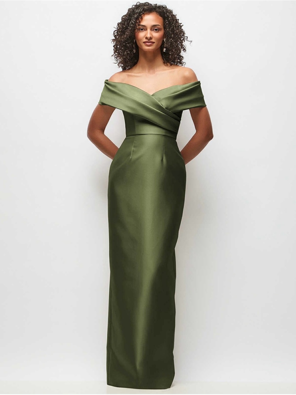 Dessy Elegant Off-Shoulder Olive Green Evening Gown- NWT